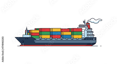 Colorful Cargo Ship Carrying Shipping Containers on the Ocean.