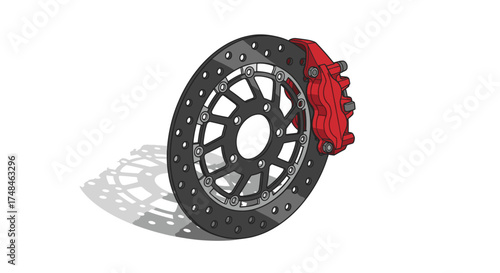 High-performance automotive brake disc with vibrant red caliper.