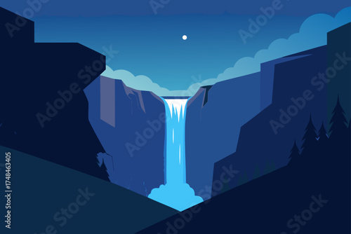 Serene night landscape featuring a majestic waterfall cascading down steep cliffs under a clear blue sky with a full moon and distant clouds