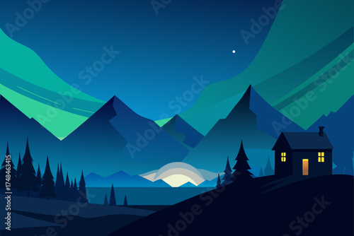 Serene minimalist landscape featuring a cozy cabin nestled amongst pine trees under a vibrant aurora borealis and a bright moon