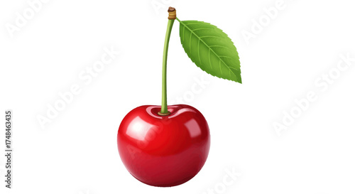 A single ripe red cherry with a green stem and leaf.