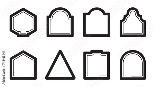 Collection of eight diverse geometric and architectural decorative frames and borders on a white background