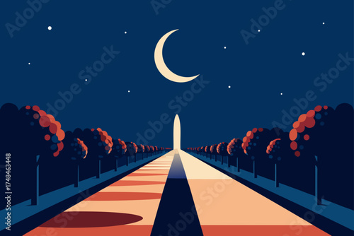 A surreal and stylized illustration of a symmetrical pathway leading to a glowing monument under a crescent moon and starry night sky with rows of abstract trees