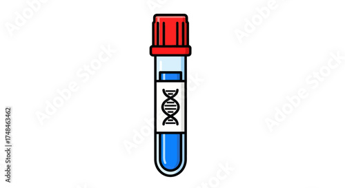 Medical Test Tube with DNA Symbol and Blue Liquid.