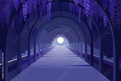 Enchanting purple wisteria tunnel walkway leading to a bright full moon under a starlit night sky with a sense of mystery and wonder
