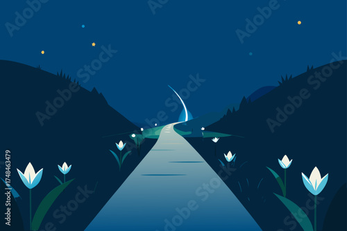 A serene and enchanting night landscape featuring a winding path illuminated by soft lights and bordered by glowing white flowers under a starry sky