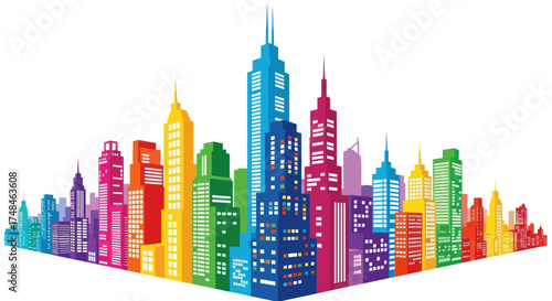 Vibrant Colorful City Skyline Illustration with Modern Skyscraper Buildings.