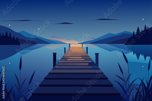 Serene twilight scene of a wooden pier extending into a calm lake with distant mountains and a starry sky reflecting on the water
