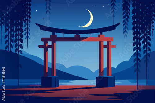 Serene japanese torii gate by a tranquil lake under a crescent moon and starry night sky with hanging willow branches