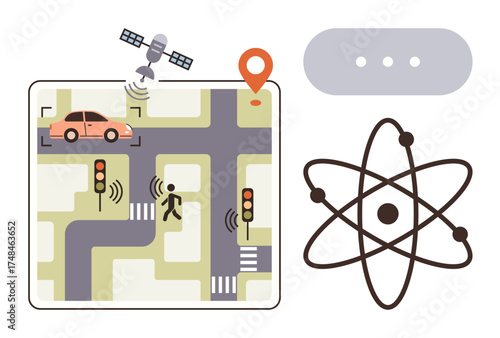 Satellite tracking car and pedestrian movement at intersections with sensors, traffic lights, and crosswalks. Ideal for technology, connectivity, navigation, smart cities, automation, safety