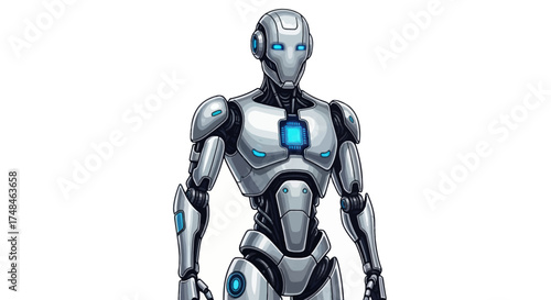 Futuristic Silver Humanoid Robot with Glowing Blue Accents.