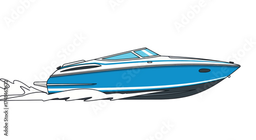 Sleek Blue Motorboat Cruising on Water with White Accents.