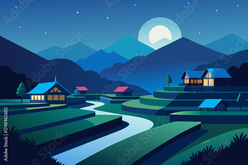 Serene nighttime landscape featuring a winding river flowing through lush green terraced fields with a cluster of cozy houses nestled among rolling blue mountains under a full moon and starry sky