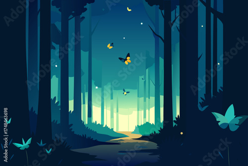 Enchanting blue forest at twilight with glowing butterflies and a winding path leading to a bright clearing