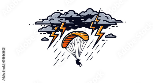 Paraglider braving a dramatic thunderstorm with lightning and heavy rain.
