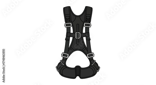 Black full-body industrial safety harness with adjustable straps and metal buckles for fall protection.