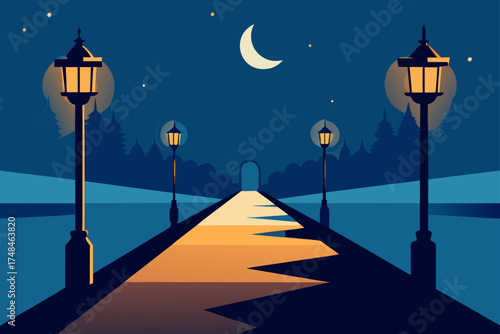 A serene night scene with a pathway illuminated by vintage streetlights leading towards an arched gateway surrounded by silhouetted trees under a crescent moon and starry sky