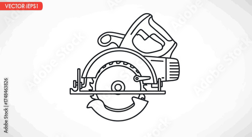 Detailed Line Art Illustration of a Circular Saw Power Tool for Woodworking.