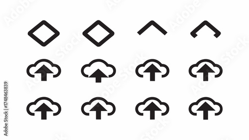 Illustration of eight cloud icons with upload and download arrows in a grid arrangement on a white background | editable eps vectors silhouette