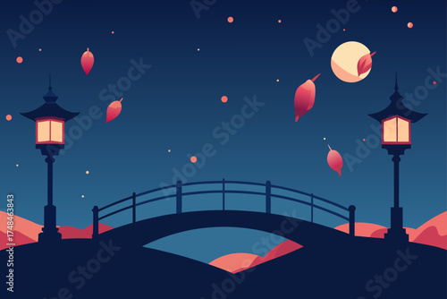 Serene night scene featuring a silhouetted arched bridge with ornate lampposts on either side and falling leaves against a deep blue sky with a full moon and scattered stars