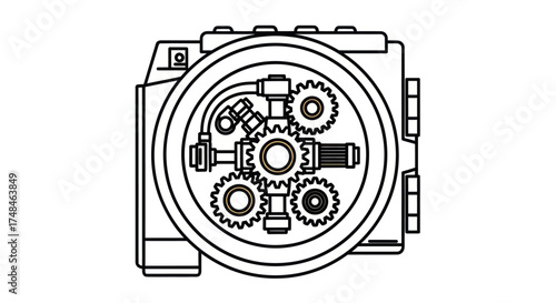 Detailed Line Drawing of a Mechanical Gearbox Assembly with Internal Gears.