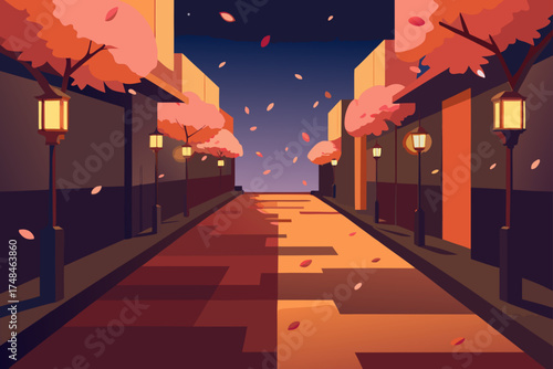 Serene street scene at dusk with falling leaves and illuminated lanterns creating a warm and inviting atmosphere