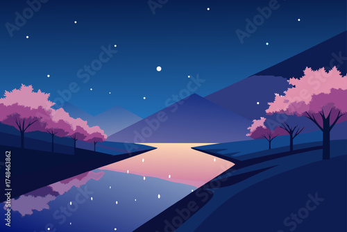 Tranquil night landscape with pink flowering trees reflecting in a calm river under a starry sky and distant mountains