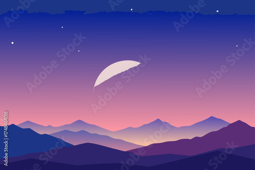 Serene mountain landscape at twilight with a crescent moon and stars in a gradient purple and pink sky