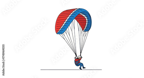 A person paragliding with a red and blue parachute against a white background.