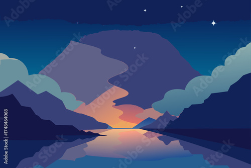 Serene mountain landscape at dusk with a vibrant sunset reflecting on a calm lake under a starry night sky