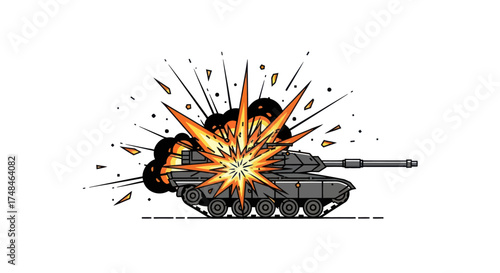 Cartoon Illustration of a Tank Exploding with Fire and Debris.