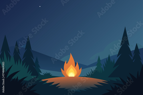 Vibrant campfire glows warmly in a dark forest clearing under a starry night sky with distant mountains and pine trees