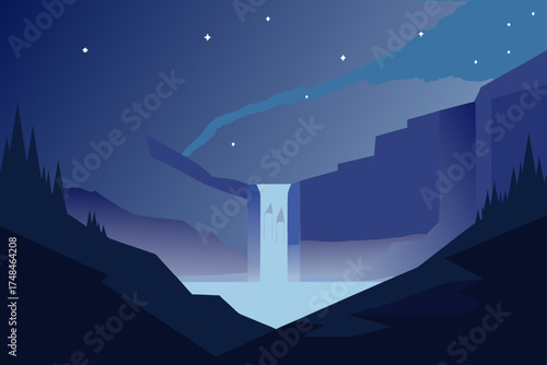 Serene minimalist night landscape featuring a majestic waterfall cascading into a tranquil pool surrounded by dark blue cliffs and pine trees under a starry sky