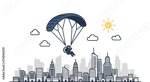 Person Paragliding with Blue Parachute Over Modern City Skyline Illustration.
