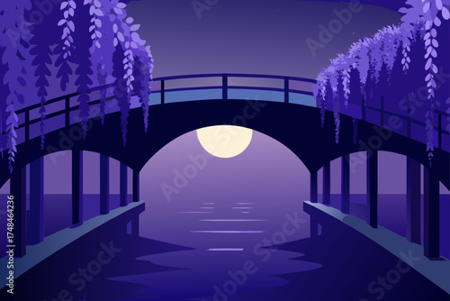 Serene japanese garden bridge illuminated by a full moon over a calm waterway with cascading wisteria flowers