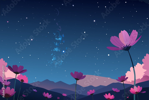 Whimsical night landscape with vibrant pink cosmos flowers blooming under a starry sky and distant mountains