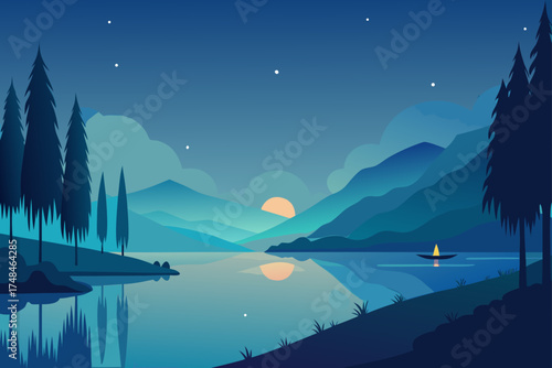 Serene minimalist landscape illustration of a tranquil lake at dusk with distant mountains pine trees and a single boat with a glowing lantern