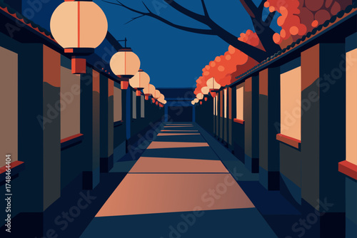 A tranquil pathway lined with traditional asian lanterns and buildings illuminated by warm sunset light under a deep blue twilight sky