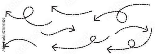 Collection of curved arrows with dashed lines. Hand drawn curve dotted line arrow set. curved pointers sign. Sketch curved dashed arrows. signpost showing a confusing complex path. Dashed arrows.