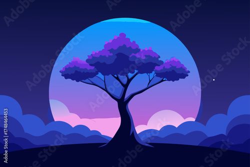 Stylized silhouette of a solitary tree with purple foliage against a vibrant twilight sky and a large moon or planet in the background