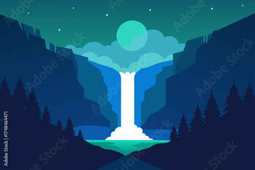 Serene nighttime waterfall scene with a full moon and starry sky amidst dark forested cliffs