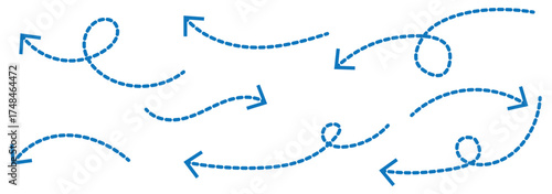 Collection of curved arrows with dashed lines. Hand drawn curve dotted line arrow set. curved pointers sign. Sketch curved dashed arrows. signpost showing a confusing complex path. Dashed arrows.