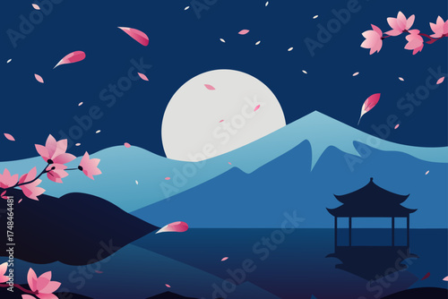 Serene japanese landscape at night featuring a full moon over mountains with cherry blossoms and a traditional pagoda reflected in water
