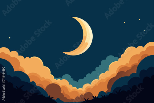 A stylized crescent moon shines brightly in the dark night sky above a landscape of silhouetted hills and fluffy colorful clouds