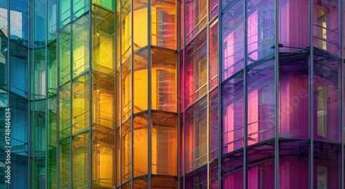 A section of modern architecture featuring vibrantly colored, translucent glass panes