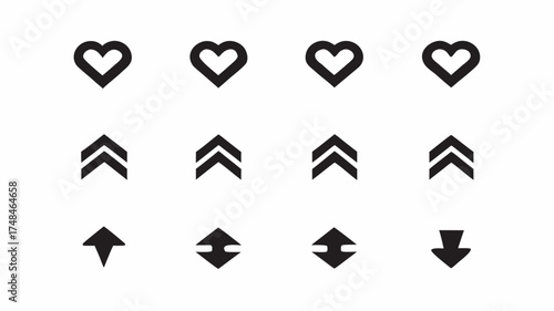 Illustration of nine black and white geometric icons arranged in a grid pattern with hearts and arrows shapes | editable eps vectors silhouette
