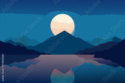 Serene minimalist landscape featuring a large pale sun setting behind silhouetted mountains reflected in a calm lake at dusk