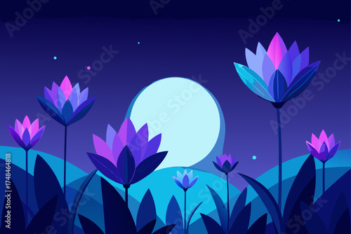 Stylized abstract lotus flowers bloom under a large pale moon in a deep purple night sky with distant rolling hills and a few tiny stars