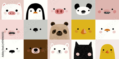 A mosaic of animal faces, each set in a different square on a grid, with various color backgrounds