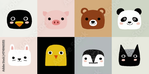 An illustrated grid featuring eight stylized animal portraits, with simple shapes and soft colors